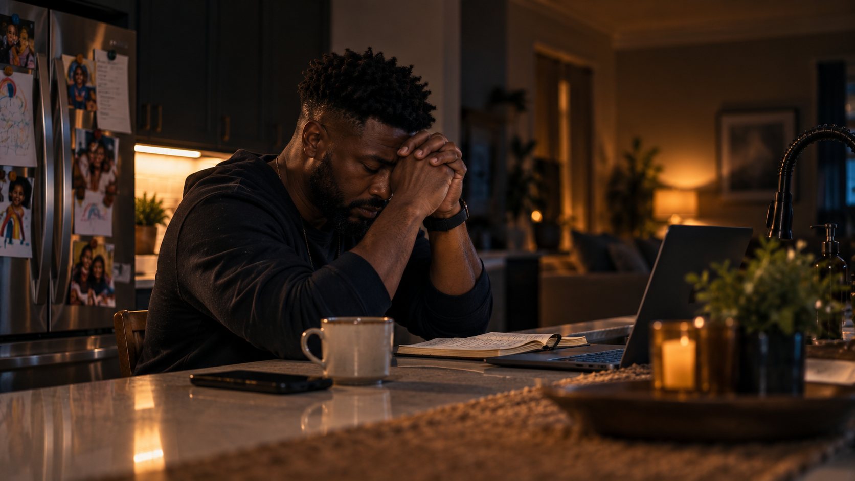 A man sits at a kitchen counter late at night with his hands pressed to his forehead, an open Bible, a phone and a coffee mug in front of him.